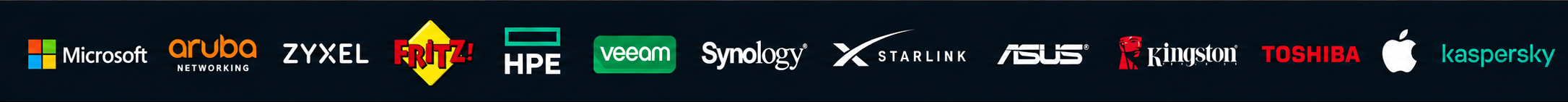 Microsoft, Aruba Networking, Zyxel, FRITZ!, HPE, Veeam, Synology, Starlink, ASUS, Kingston, Toshiba, Apple e Kaspersky